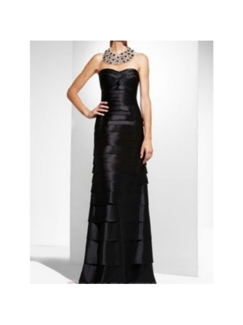 BCBGMaxAzria Black Strapless Tiered Satin Gown